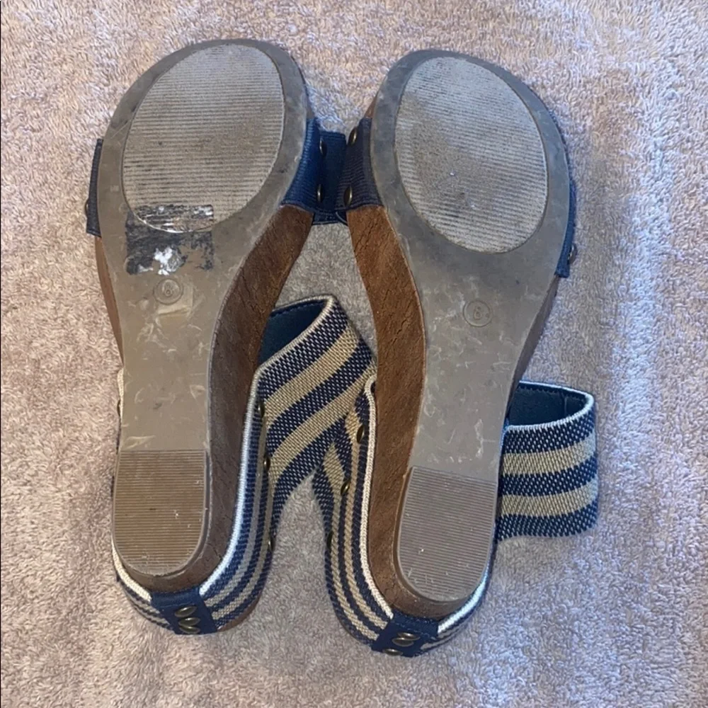 Cato Blue & Striped Wedge Sandals With Faux Wood Sole & Stud Detail Size 8M